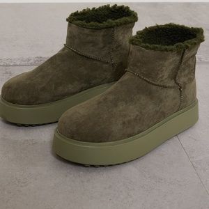 PLT: Khaki Faux Suede Round Toe Thick Flat Sole Ankle Boots